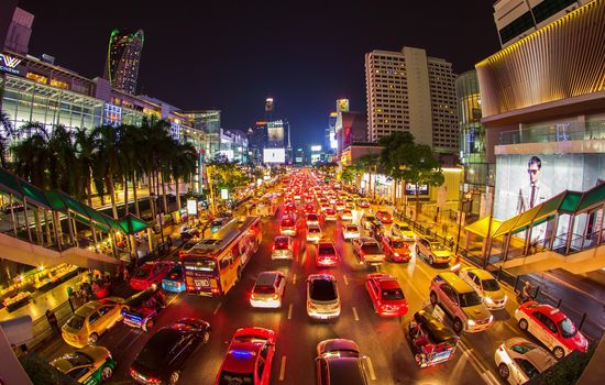  BANGKOK THAILAND- May 5: The big automobile stopper on one of the central streets of Bangkok on 5 May 2015. The basic problem of the Asian megacities is the complicated traffic.The front of Central World Shopping center