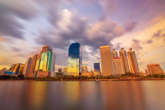 Bangkok lake cityscape skyline in beautiful evening light