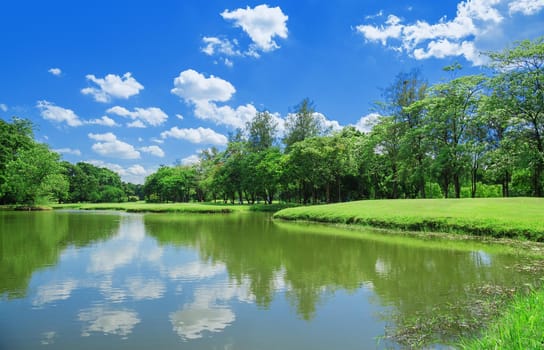 The lake in the park with green trees and bright sky.