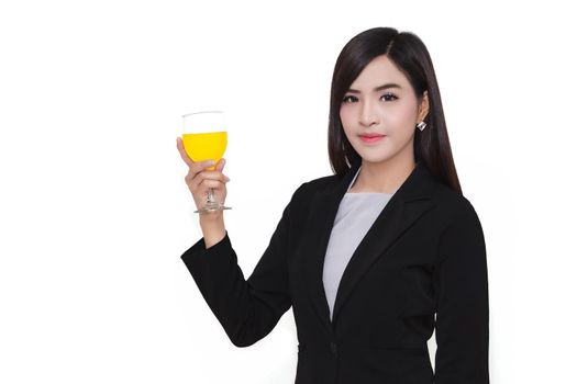 Beautiful celebration woman portrait hold a wine glass isolated on studio background.