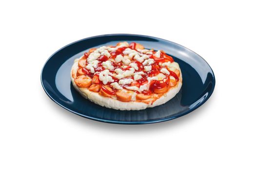 Sausage and Crab Stick Pizza in a ceramic plate isolated on white background.