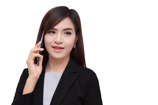 Smart phone with business woman.  isolated on a white background