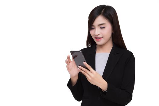 Smart phone with business woman.  isolated on a white background