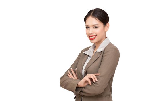 Portrait of happy smiling businesswoman, isolated against white background. 