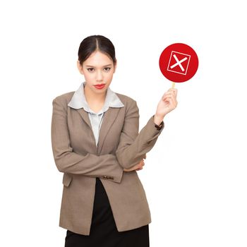 business woman is holding a checkbox, a concept of decision making process.