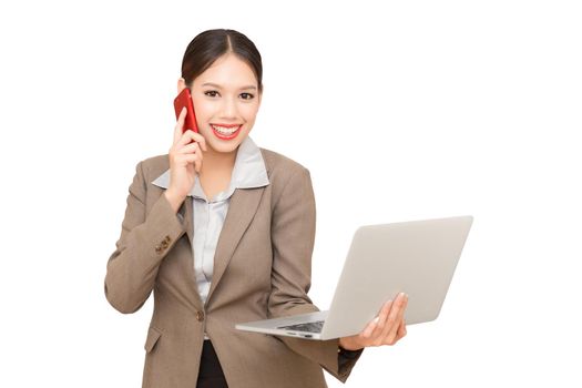 business woman with a laptop and cell phone.isolated on white