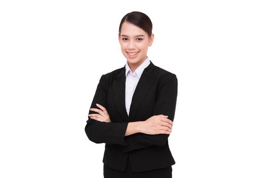 Smiling business woman with folded hands against white background.
