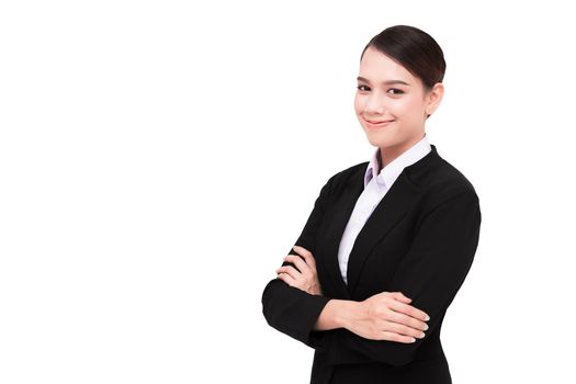 Smiling business woman with folded hands against white background.