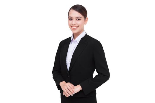 Smiling business woman with folded hands against white background.