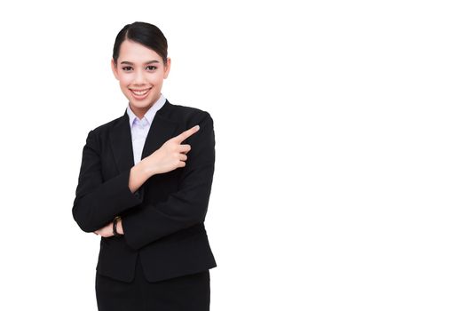 Business woman smiling and pointing her finger to the  blank space . isolated on white background.