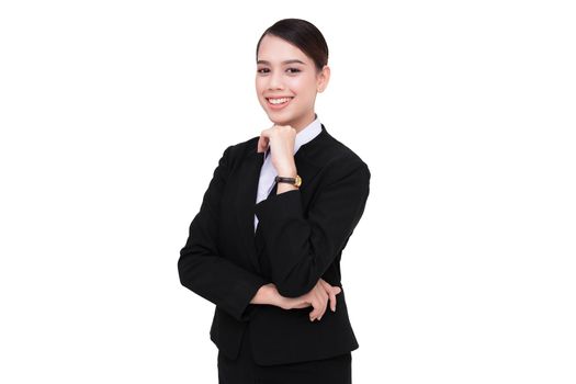 Smiling business woman with folded hands against white background.