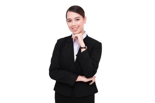 Smiling business woman with folded hands against white background.