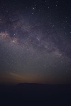 Clearly Milky way above the lake and mountain. Pha Dang Luang view point, Mae Ping National park.Thailand