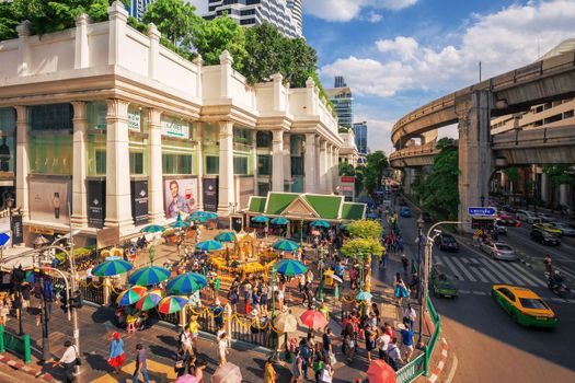 BANGKOK, THAILAND -15 July 2017- Bangkok City. top view of Erawan shrine at Ratchaprasong Junction in Bangkok Thailand.