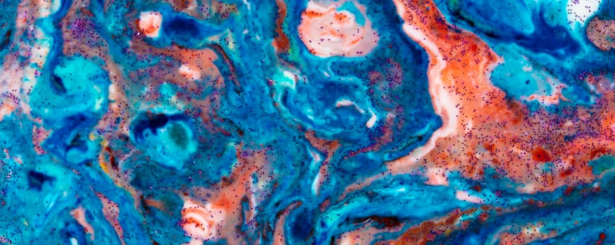 Baner background acrylic blue with red lines and sparkles. Colorful marble texture. Fluid liquid marble. Art picture. Avant-garde creativity.