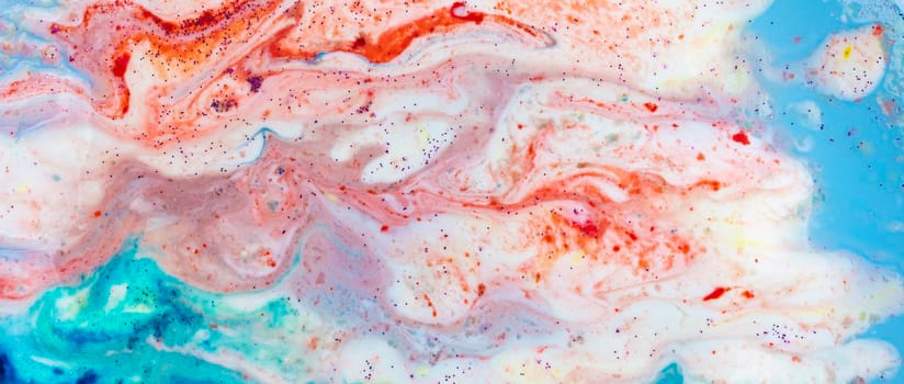 Horizontal banner background acrylic soft blue with pink and sparkles. Colorful marble texture. Fluid liquid marble. Art picture. Avant-garde creativity.
