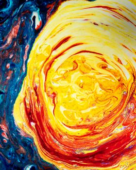 Vertical bright blue acrylic spot with bright yellow. Marble colorful texture. A semicircle smeared with paints that looks like a celestial mantle. Abstract painting.