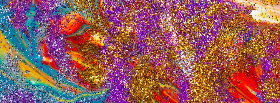 Baner: multicolored acrylic background with curls sprinkled with purple and gold sequins. Contemporary creativity. A colorful avant-garde painting with rich texture. A background made up of many shapes and materials.