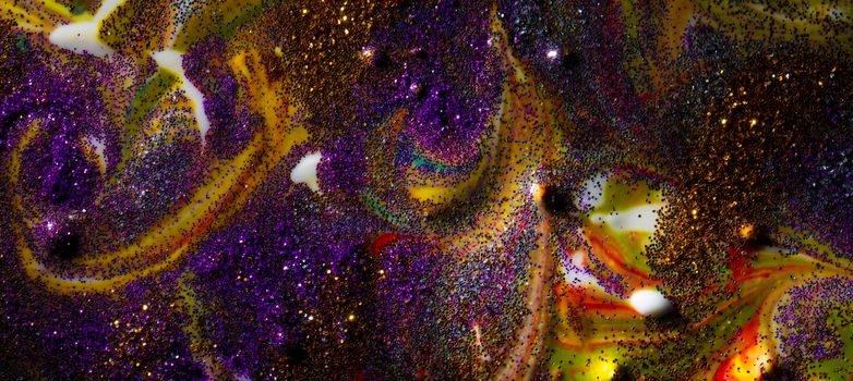 Multicolored banner: on a dark background, sprinkled with purple and gold sparkles with streaks and waves. Contemporary creativity. A colorful avant-garde painting with rich texture. A background made up of many shapes and materials.