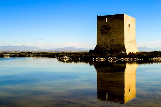 Beautiful Tamarit tower surrounded by salt lagoons in Santa Pola, Alicante, Spain