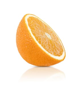 Orange fruit half isolated on a white background with shadow and reflection.