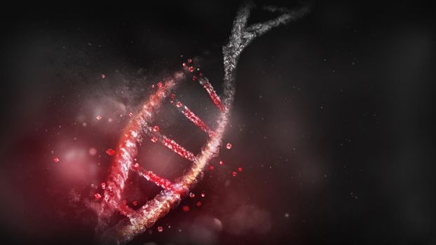 Computer model of damaged DNA structure close-up in red colors. 3D render.