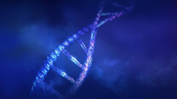 Computer model of DNA structure on a dark blue background. 3D render.