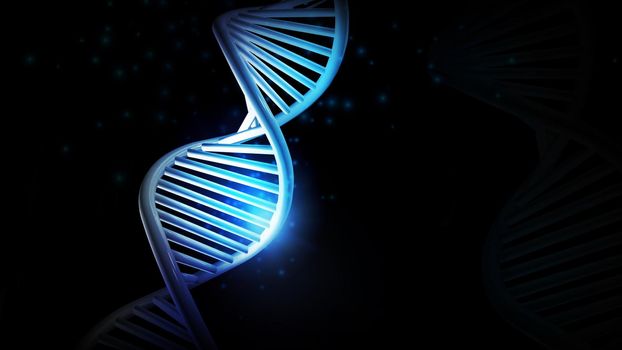 Computer model of DNA double helix with a blue glow on a black background. 3D render.