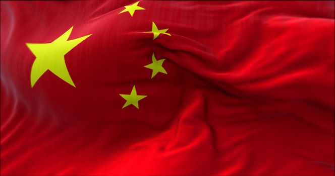 close up view of the national Flag of the People's Republic of China waving in the wind. Selective focus.