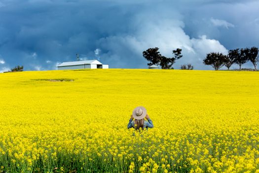 Farm girl in field of canola with storm looming