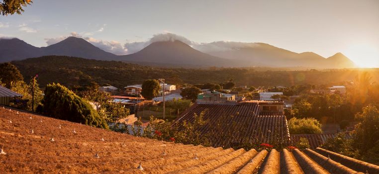 Volcanos of Cerro Verde National Park seen from Juayua. Juayua, Sonsonate, El Salvador.