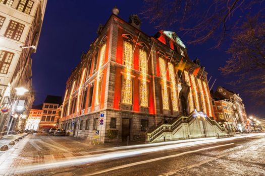 Liege city hall at night. Liege, Wallonia, Belgium.