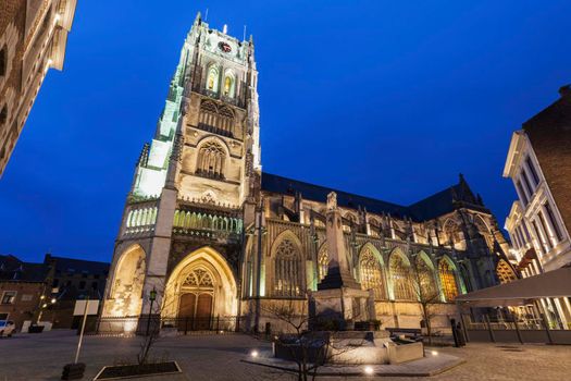 Tongeren Basilica at night. Tongeren, Wallonia, Belgium.