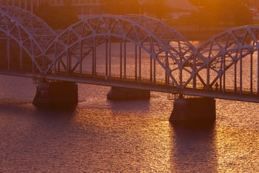 Railway Bridge in Riga at sunset. Riga, Latvia.