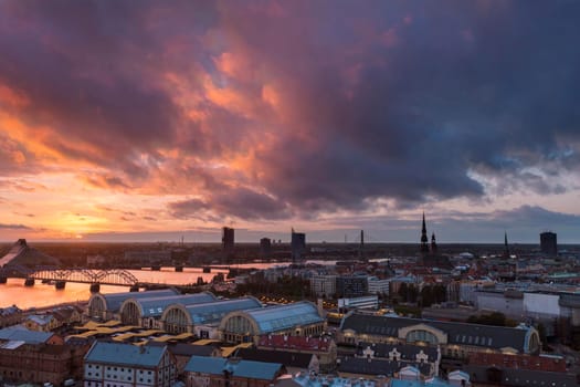 Panorama of Riga at sunset. Riga, Latvia