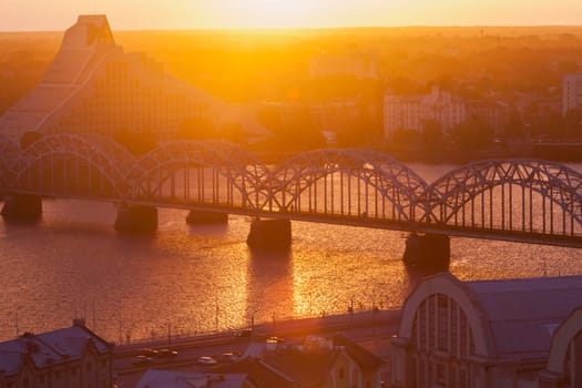 Railway Bridge in Riga at sunset. Riga, Latvia.