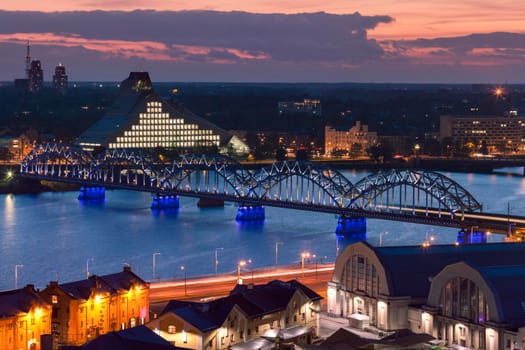 Panorama of Riga at sunset. Riga, Latvia