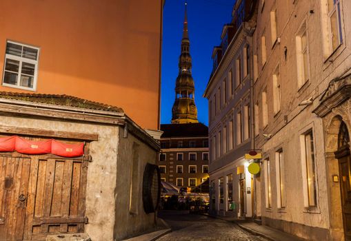 St. Peter Church and old town of Riga at sunset. Riga, Latvia