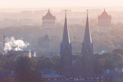 St. Francis Church and old water towers in Riga. Riga, Latvia