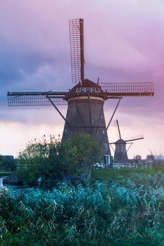 Windmills at Kinderdijk seen during sunset. Kinderdijk, South Holland, Netherlands