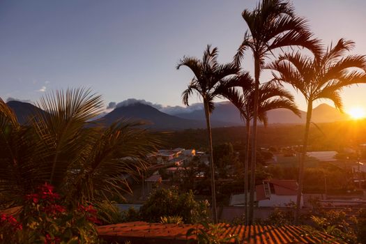 Volcanos of Cerro Verde National Park seen from Juayua. Juayua, Sonsonate, El Salvador.