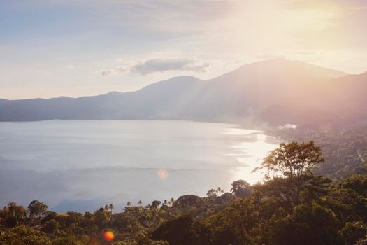 Aerial view of Lake Coatepeque in El Salvador. Santa Ana, El Salvador.