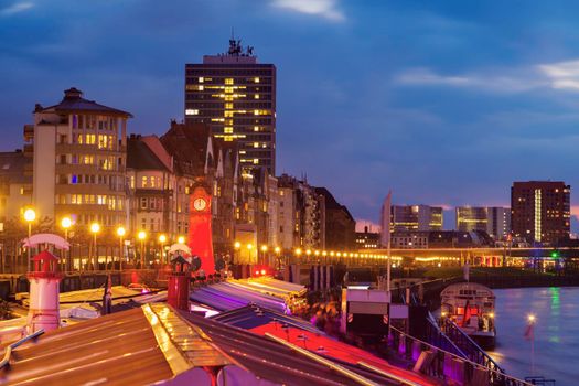 Colorful riverfront in Dusseldorf. Dusseldorf, North Rhine-Westphalia, Germany.