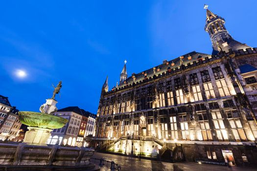 Aachen Town Hall at night. Aachen, North Rhine-Westphalia, Germany.