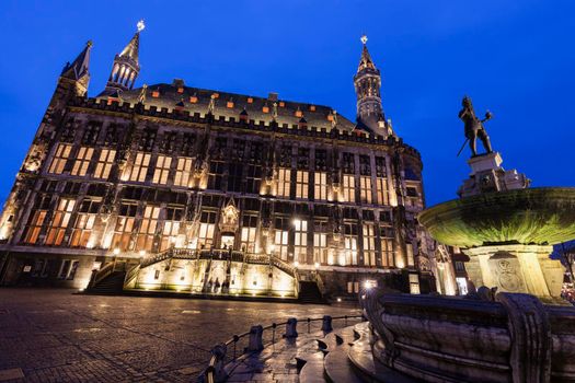 Aachen Town Hall at night. Aachen, North Rhine-Westphalia, Germany.