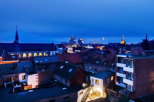 Panorama of Hasselt at night. Hasselt, Flemish Region, Belgium.