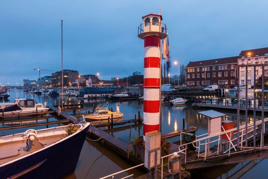 Lighthouse in Hasselt at night. Hasselt, Flemish Region, Belgium.