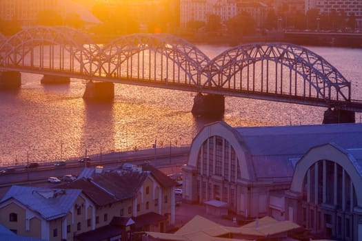 Railway Bridge in Riga at sunset. Riga, Latvia