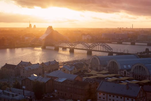 Panorama of Riga at sunset. Riga, Latvia