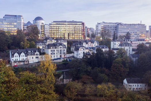 Panorama of Luxembourg City at evening. Luxembourg City, Luxembourg.